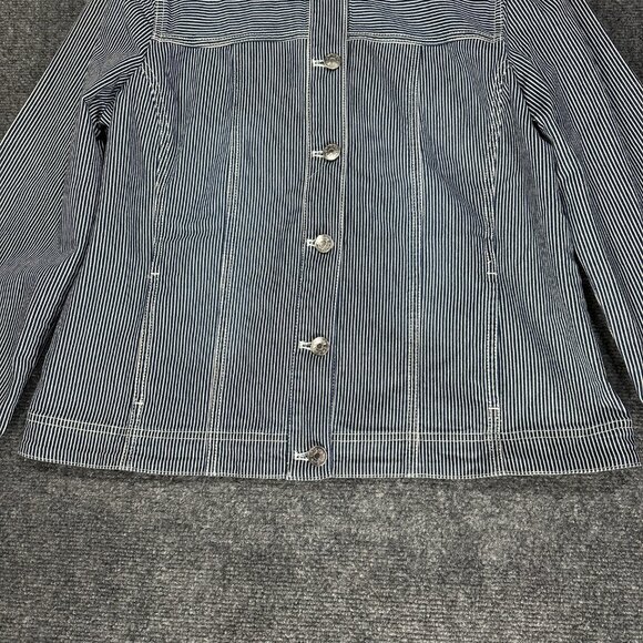 Chicos Top Womens Medium Blue Pinstripe Button Up Shacket Button Cuffs Pockets - Picture 2 of 8